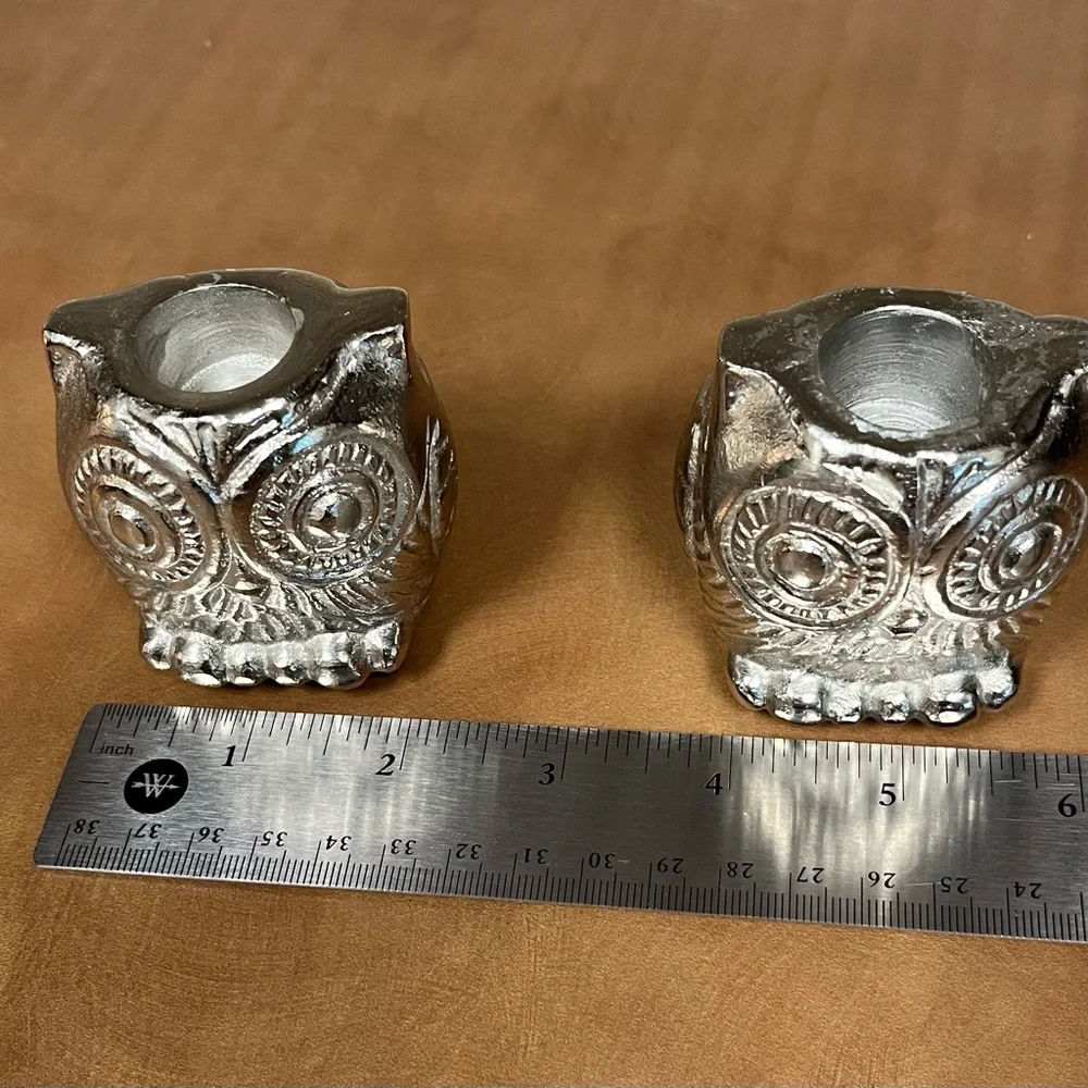 Vintage Pair of Heavy Silvertone Owl Candlestick Holders